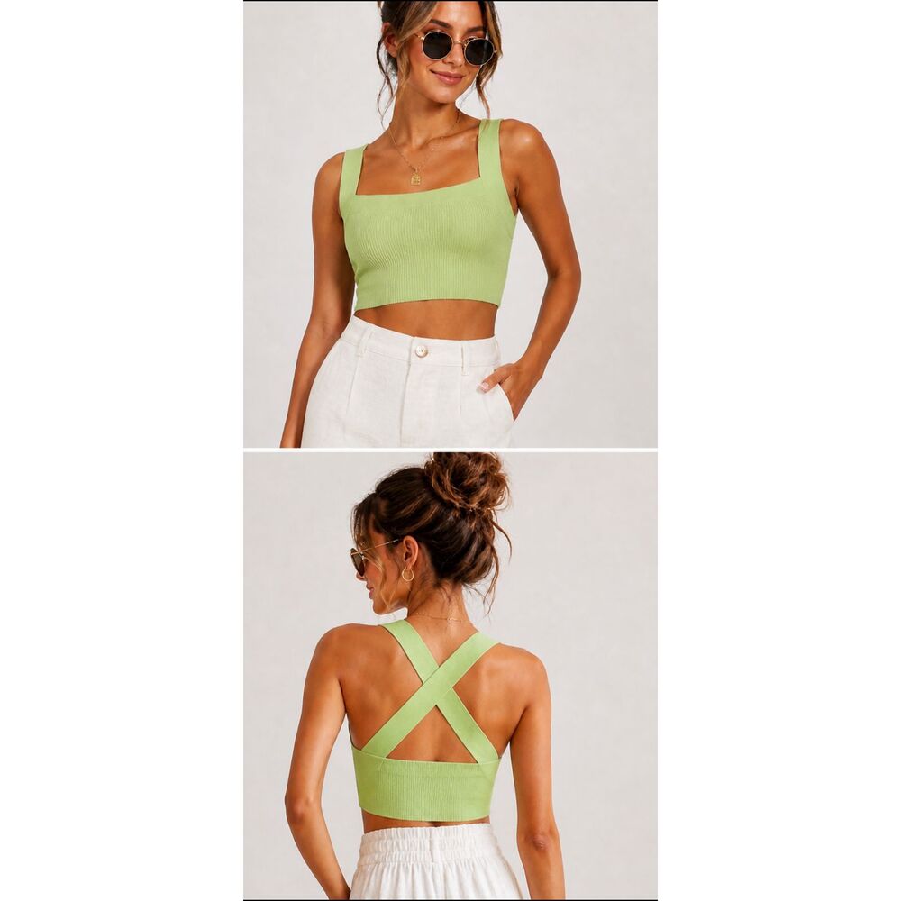 House of Harlow 1960 Green Ribbed Knit Crop Top Criss Cross Back M NWT